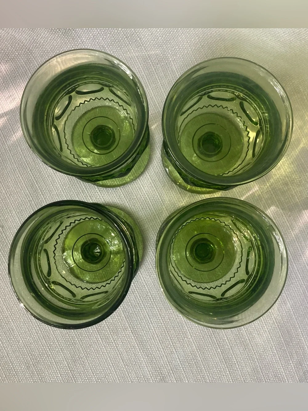 Set of 4 Vintage Indiana Glass King's Crown Green Thumbprint Design Goblets!